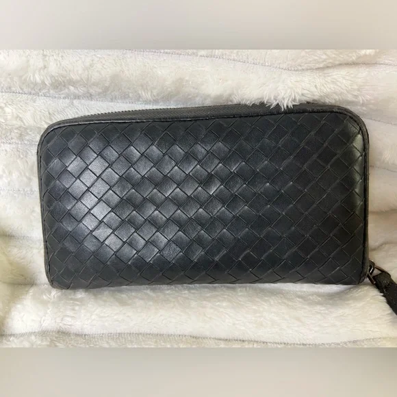 Bottega Veneta Authentic Zip Around Black Woven Long Leather Wallet - Picture 3 of 12